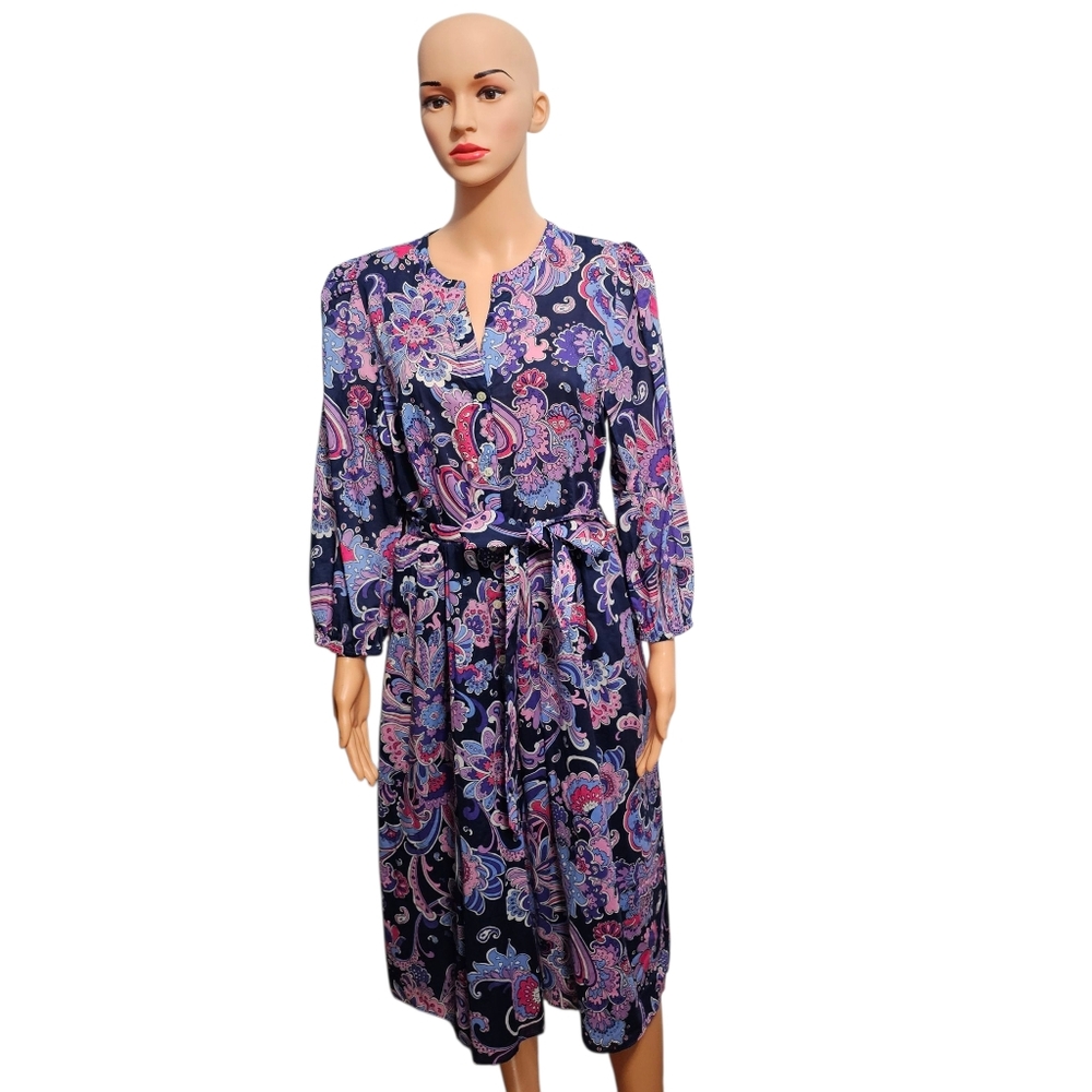 Talbots Voile Fit & Flare Swirl Paisley Floral Cottagecore Cotton Shirtdress 14P - Picture 2 of 6